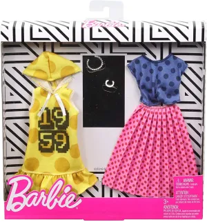 Barbie Clothes 2 Outfits Polka Dots On A Yellow Hoodie Dress, Blue Top and Pink Skirt, 2 Accessories