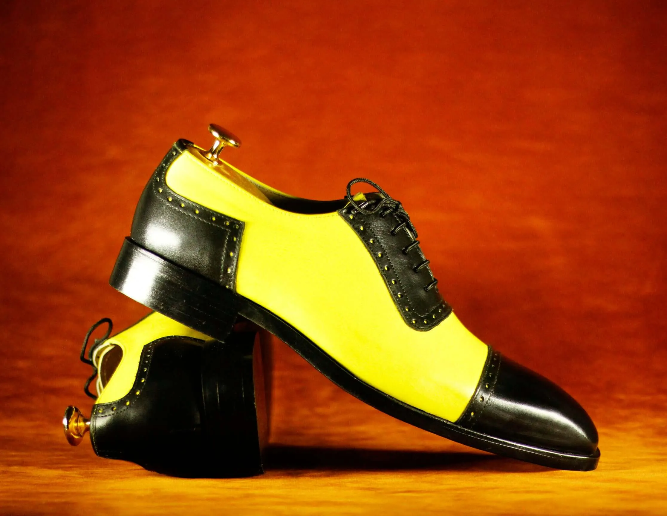 Bespoke Black Yellow Cap Toe Lace Up Leather Shoes,Men's Party Shoes