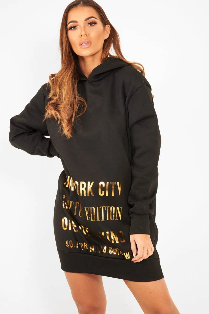 Black Gold New York Slogan Hoodie Dress - Sophira