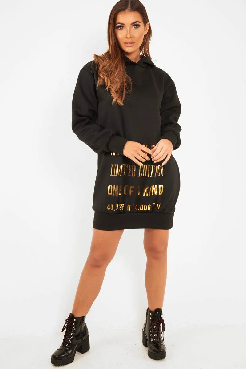 Black Gold New York Slogan Hoodie Dress - Sophira