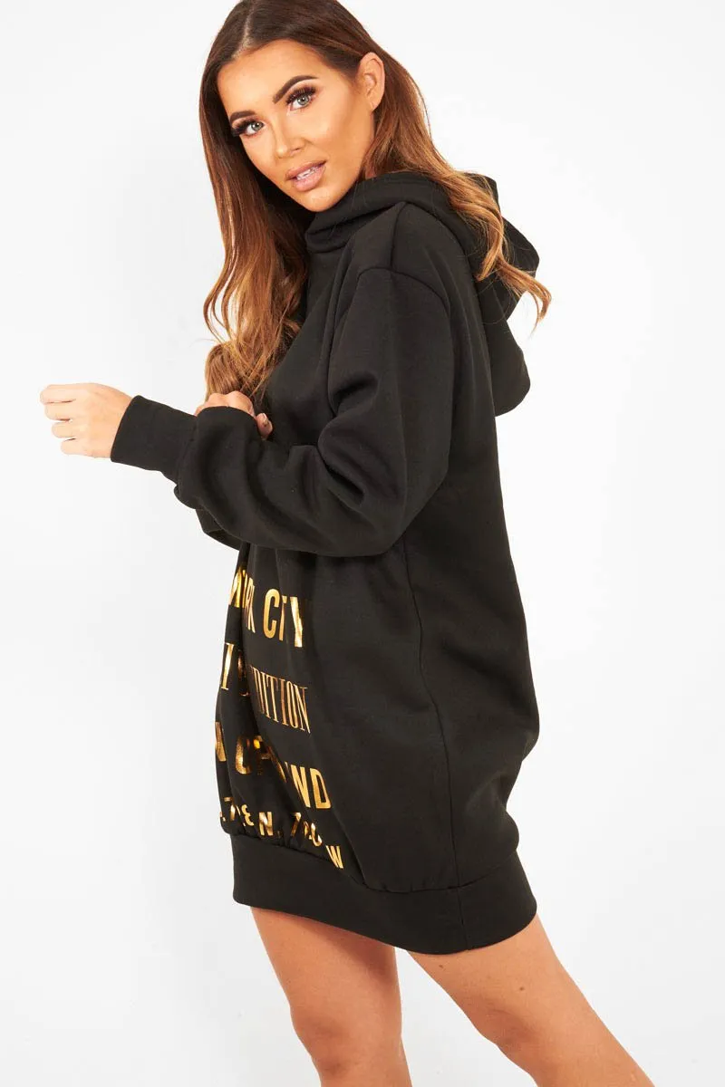 Black Gold New York Slogan Hoodie Dress - Sophira