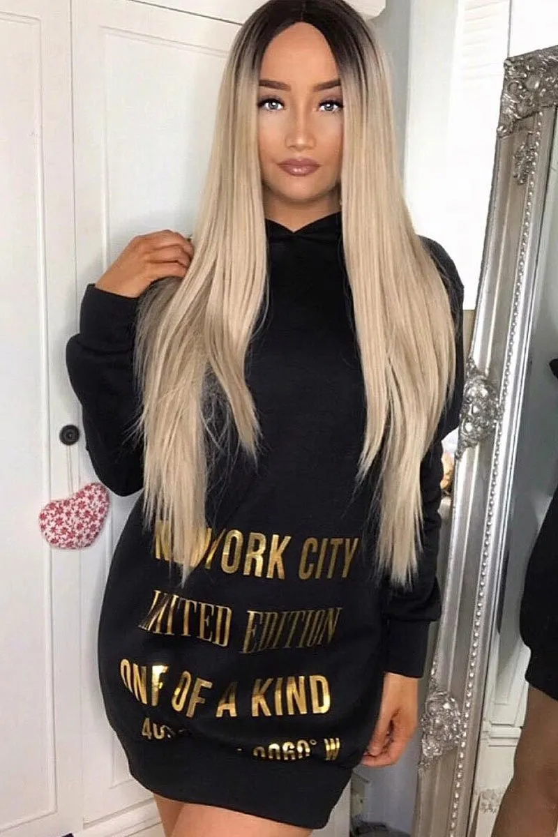 Black Gold New York Slogan Hoodie Dress - Sophira