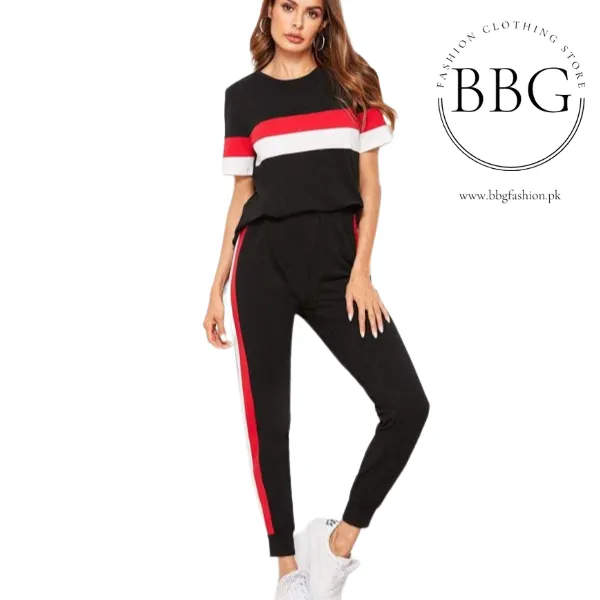 Black Red & White Stripe Tracksuit for Women