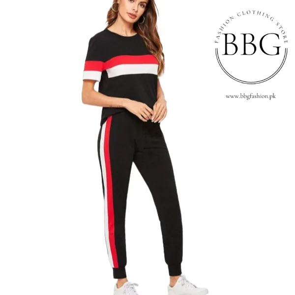 Black Red & White Stripe Tracksuit for Women