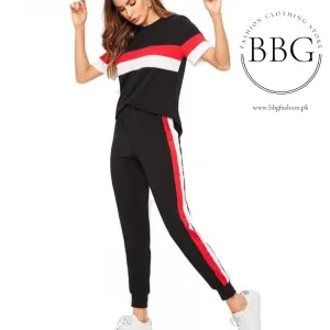 Black Red & White Stripe Tracksuit for Women