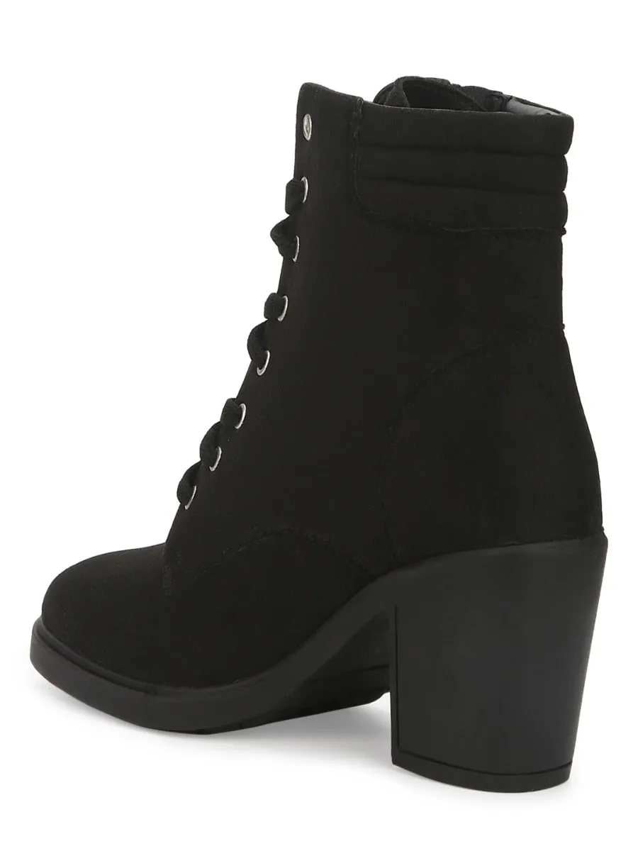 Black Suede Lace Up Block Heel Ankle Boots