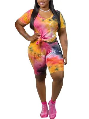 Casual Tie Dye Print Shirt & Bodycon Shorts