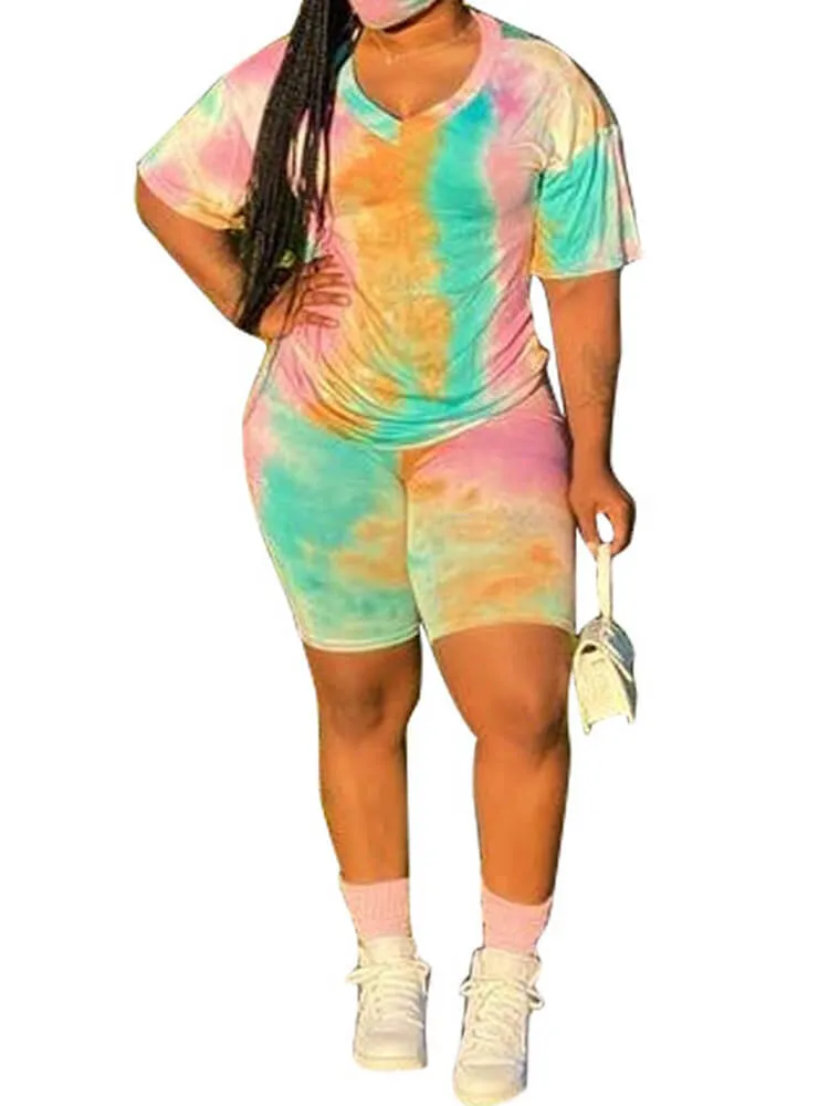 Casual Tie Dye Print Shirt & Bodycon Shorts