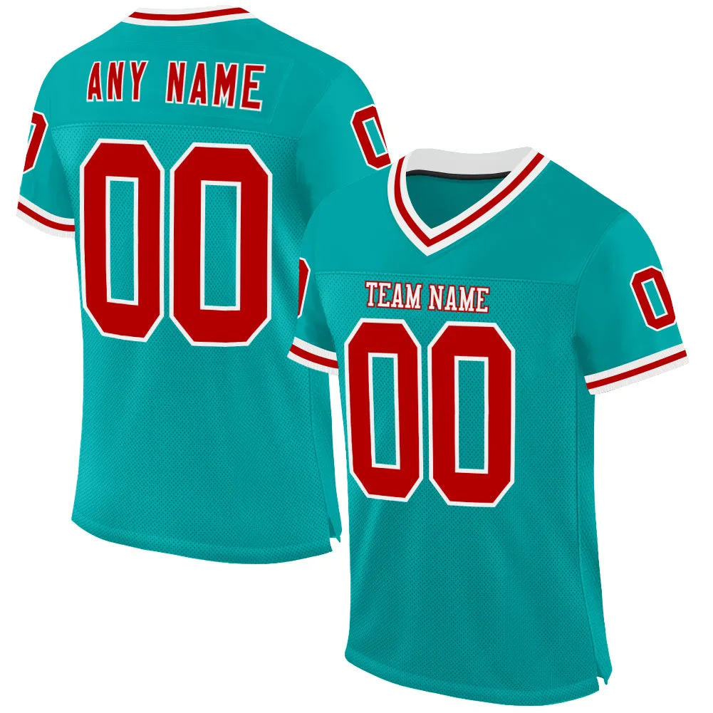 Custom Aqua Red-White Mesh Authentic Throwback Football Jersey