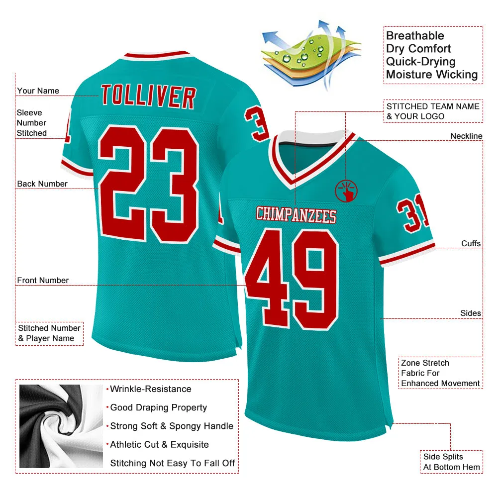 Custom Aqua Red-White Mesh Authentic Throwback Football Jersey