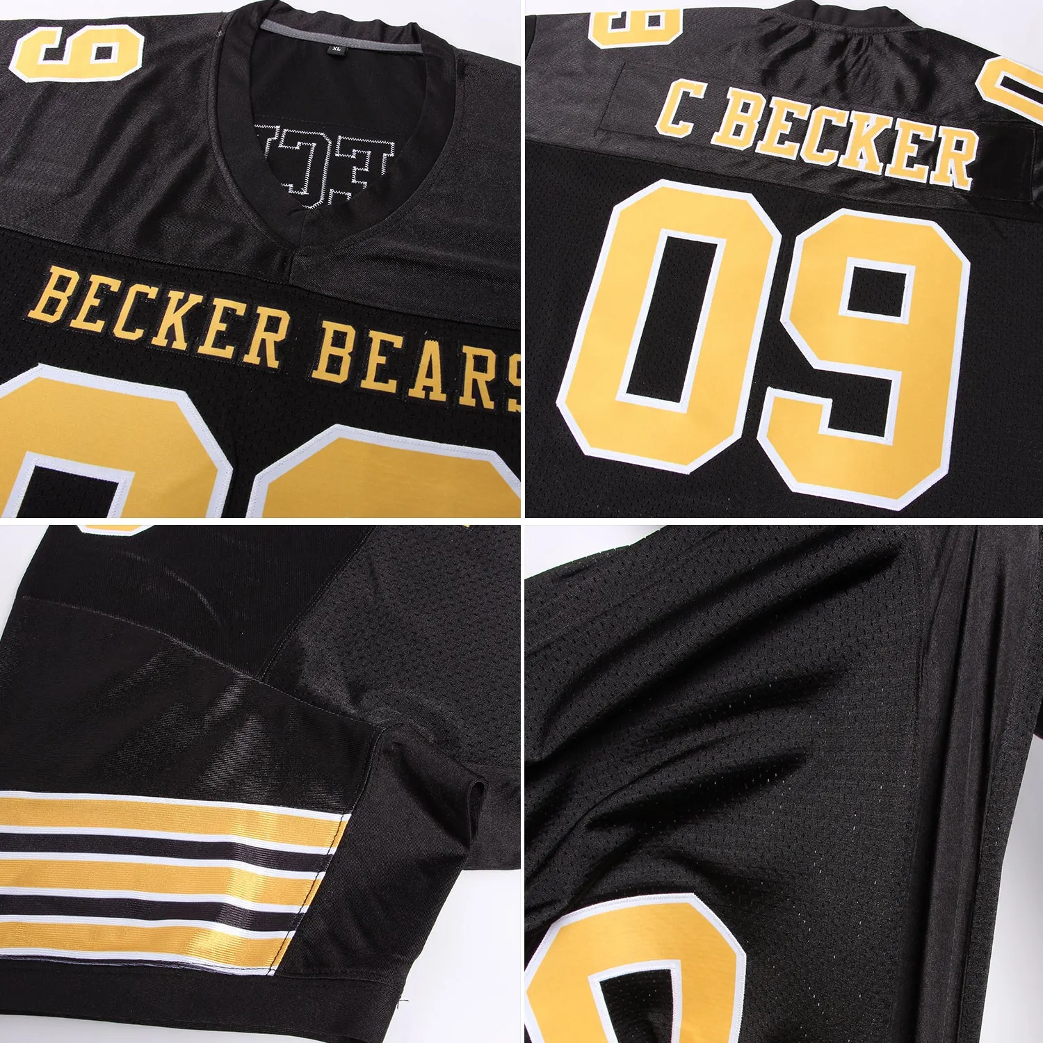 Custom Black Gold-White Mesh Authentic Football Jersey