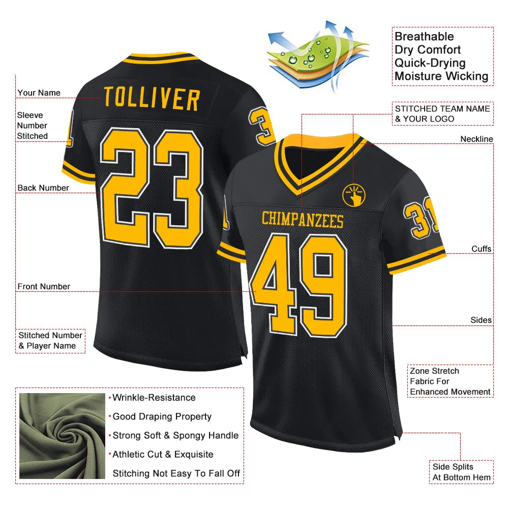 Custom Black Gold-White Mesh Authentic Throwback Football Jersey