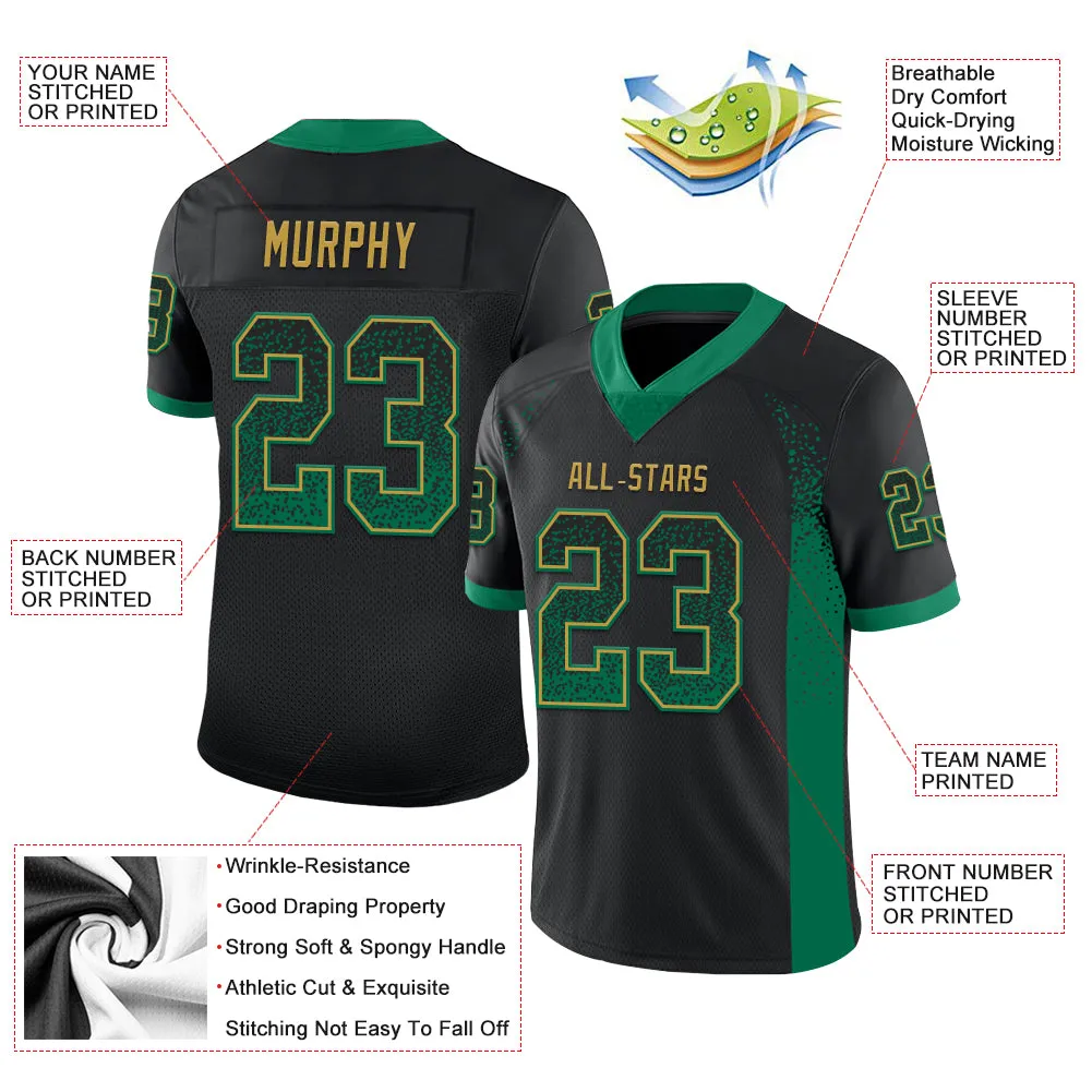 Custom Black Kelly Green-Old Gold Mesh Drift Fashion Football Jersey