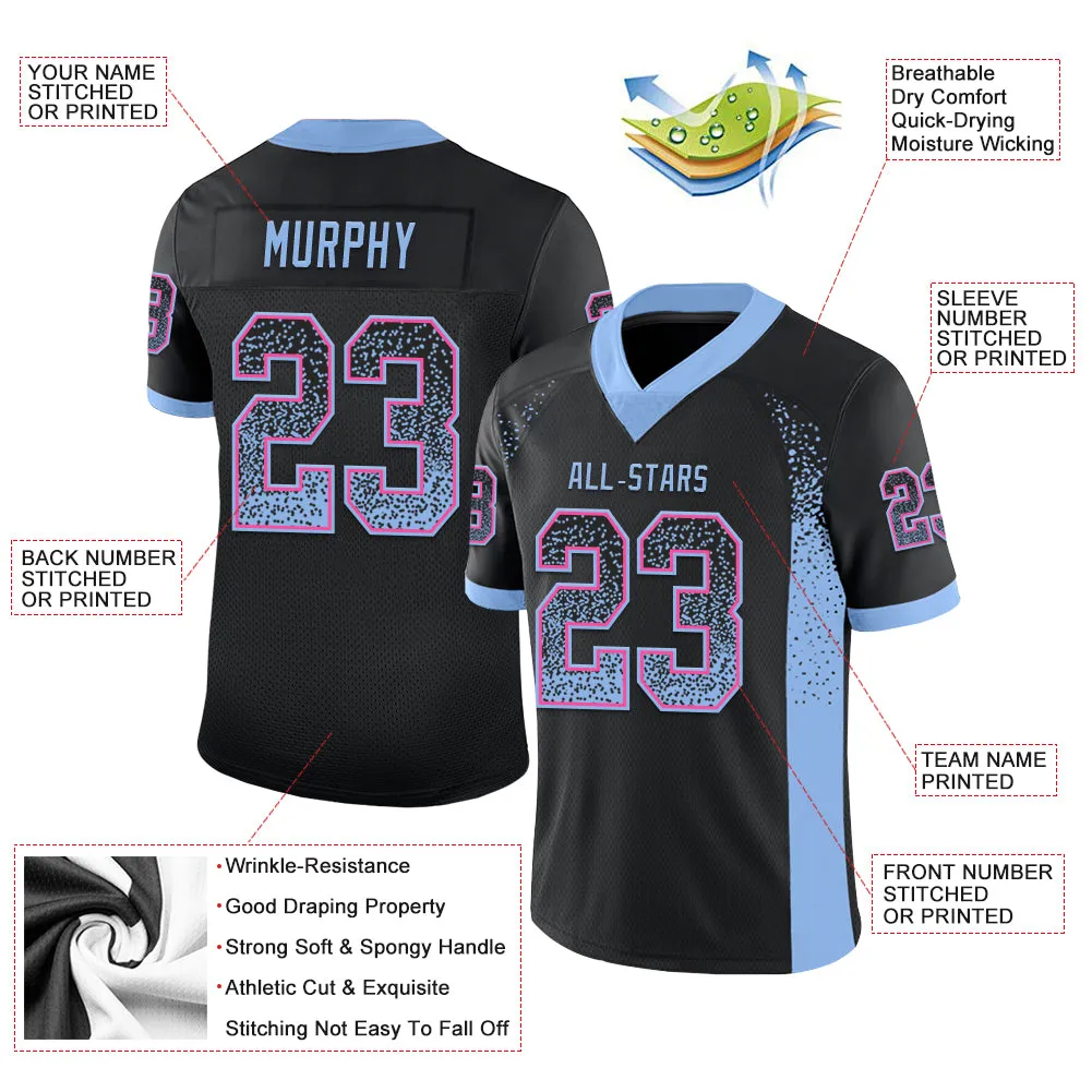 Custom Black Light Blue-Pink Mesh Drift Fashion Football Jersey