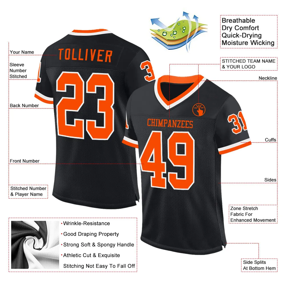 Custom Black Orange-White Mesh Authentic Throwback Football Jersey