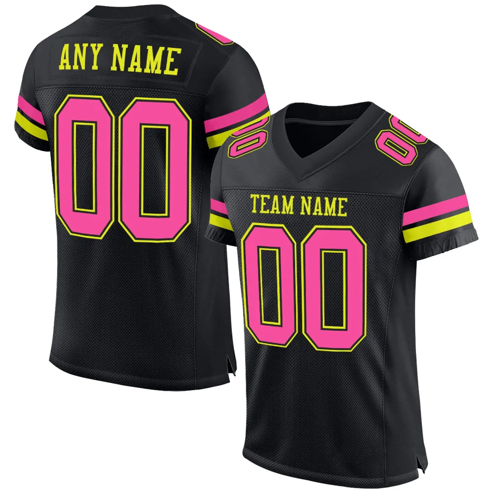 Custom Black Pink-Neon Yellow Mesh Authentic Football Jersey