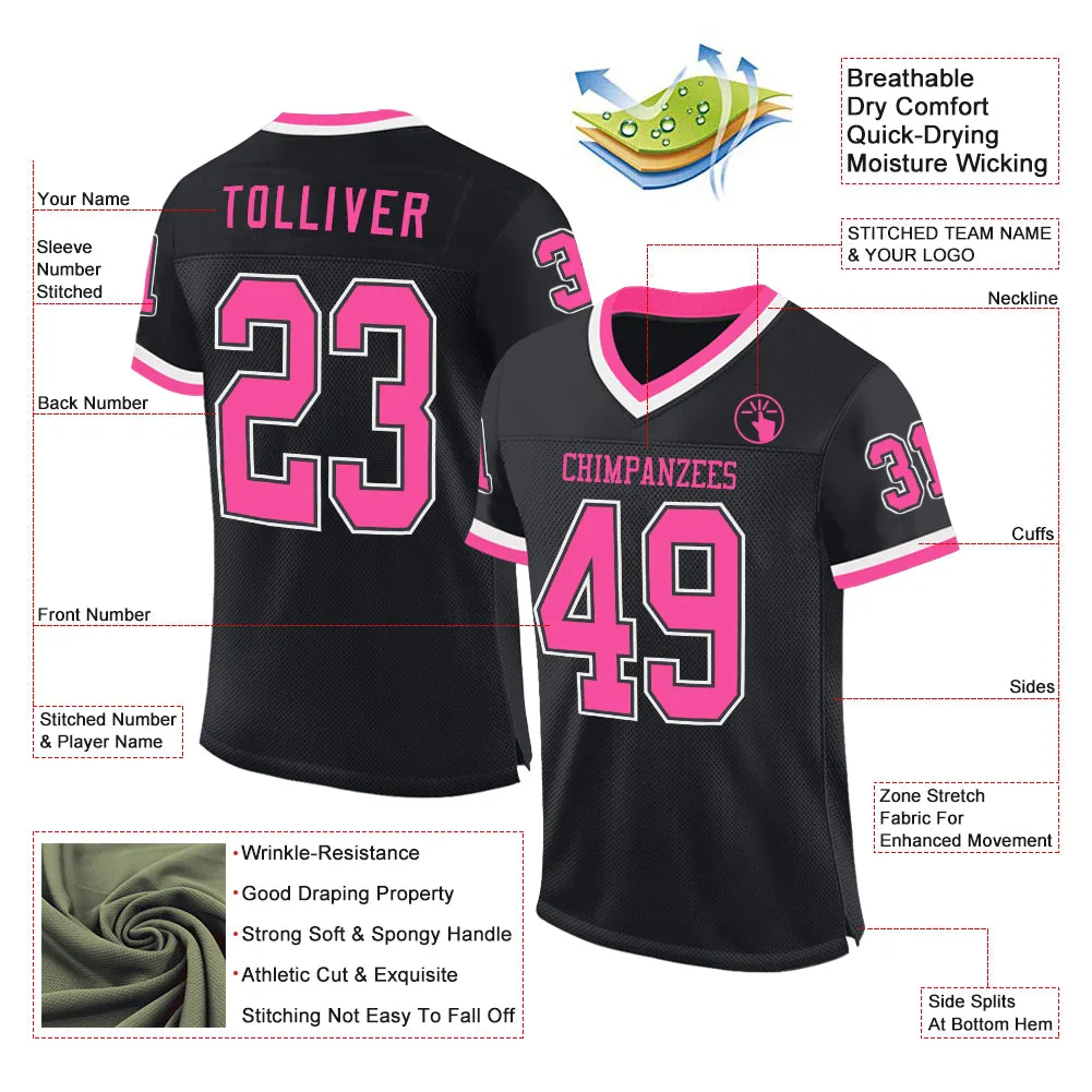 Custom Black Pink-White Mesh Authentic Throwback Football Jersey