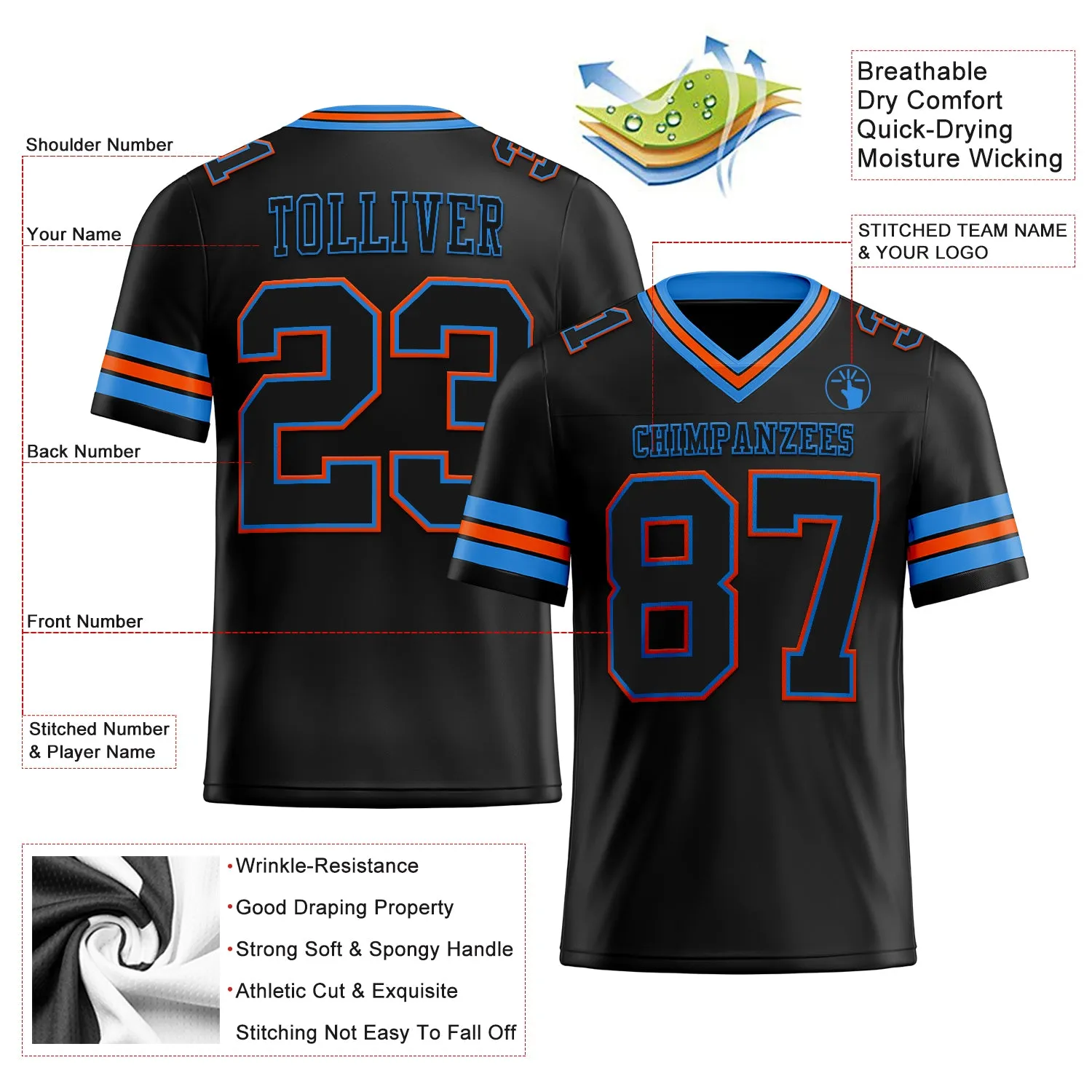 Custom Black Powder Blue-Orange Mesh Authentic Football Jersey