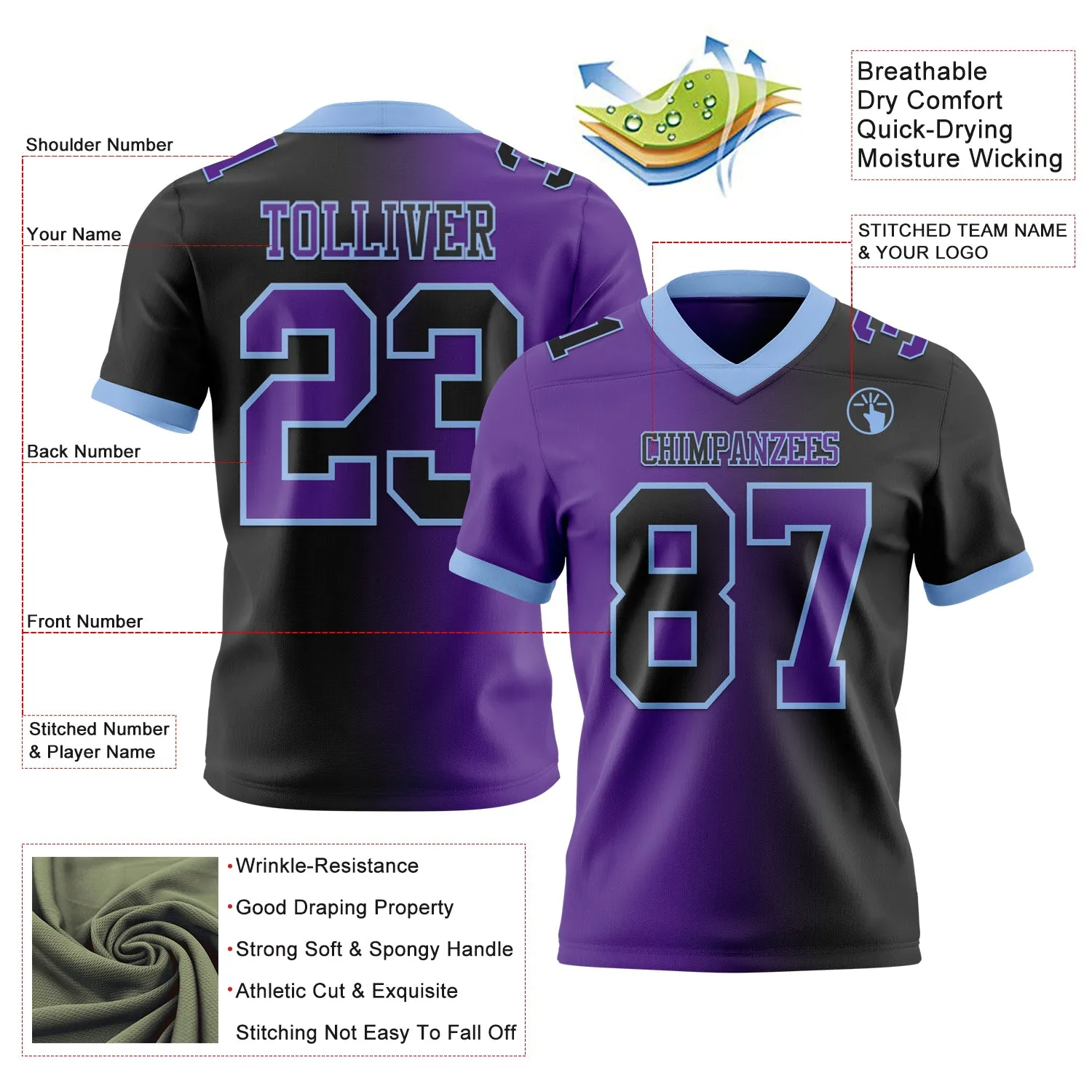 Custom Black Purple-Light Blue Mesh Authentic Gradient Fashion Football Jersey