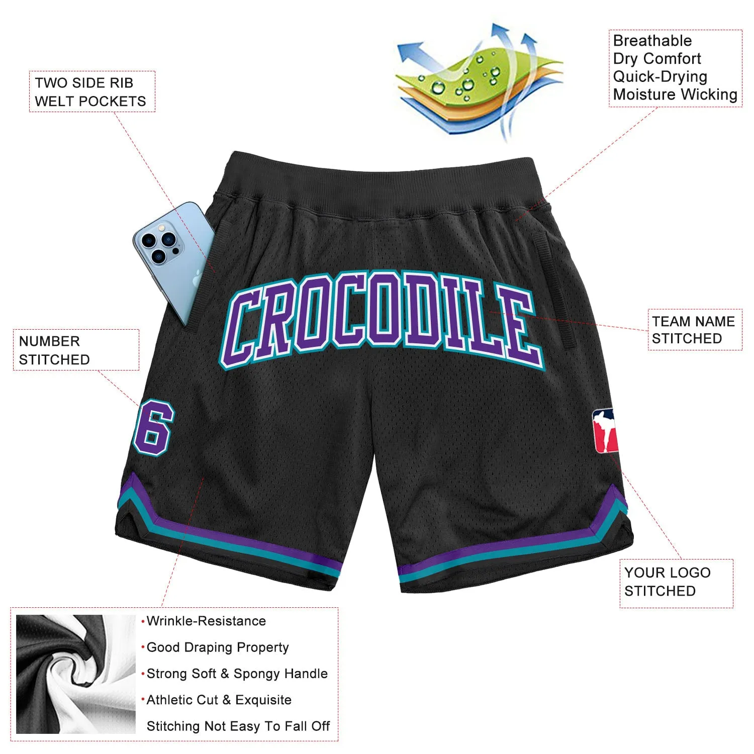 Custom Black Purple-Teal Authentic Throwback Basketball Shorts