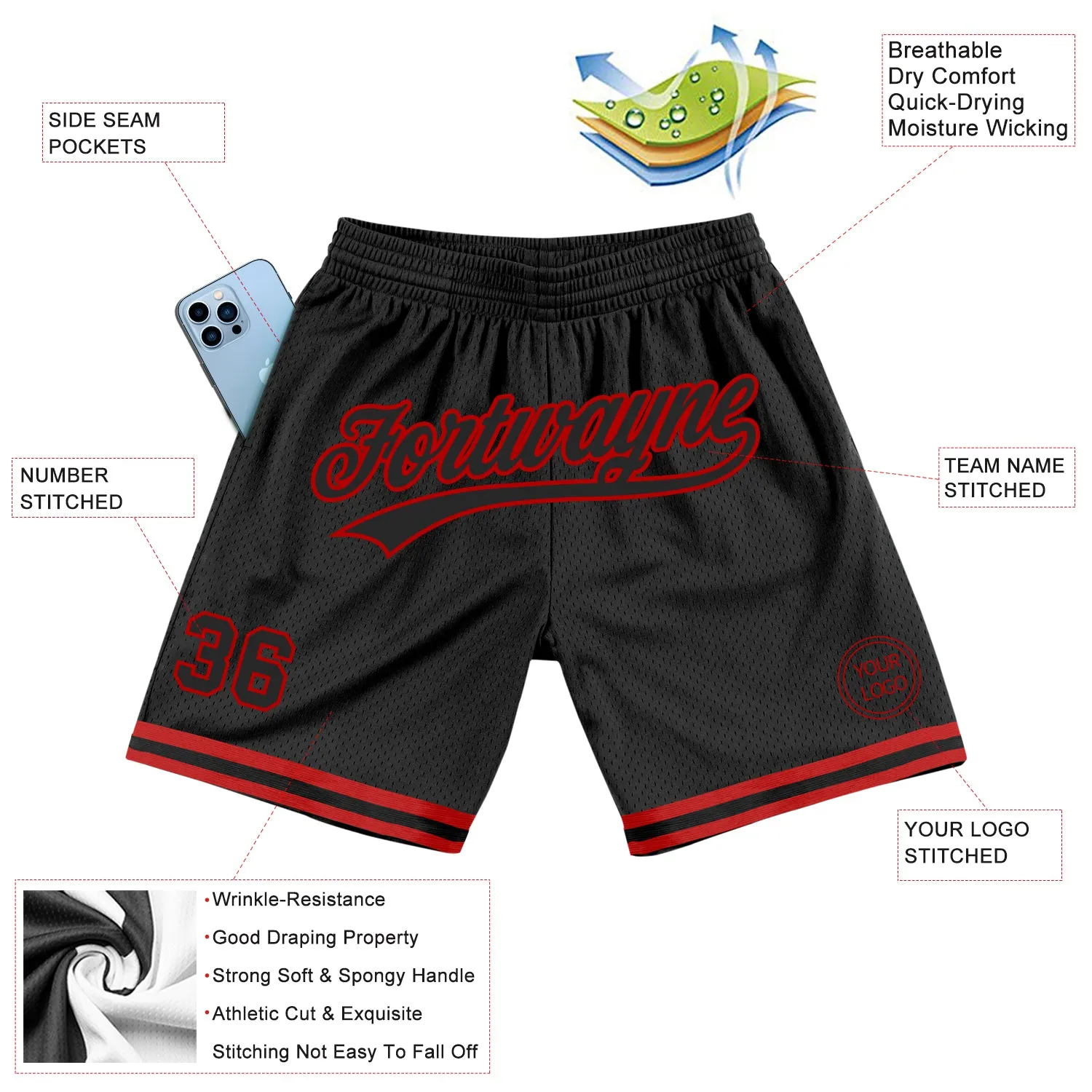 Custom Black Red Authentic Throwback Basketball Shorts