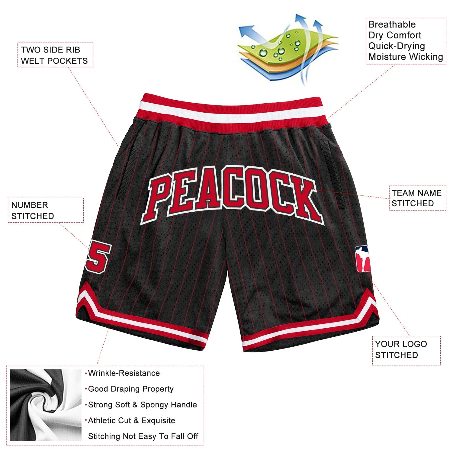 Custom Black Red Pinstripe Red-White Authentic Basketball Shorts