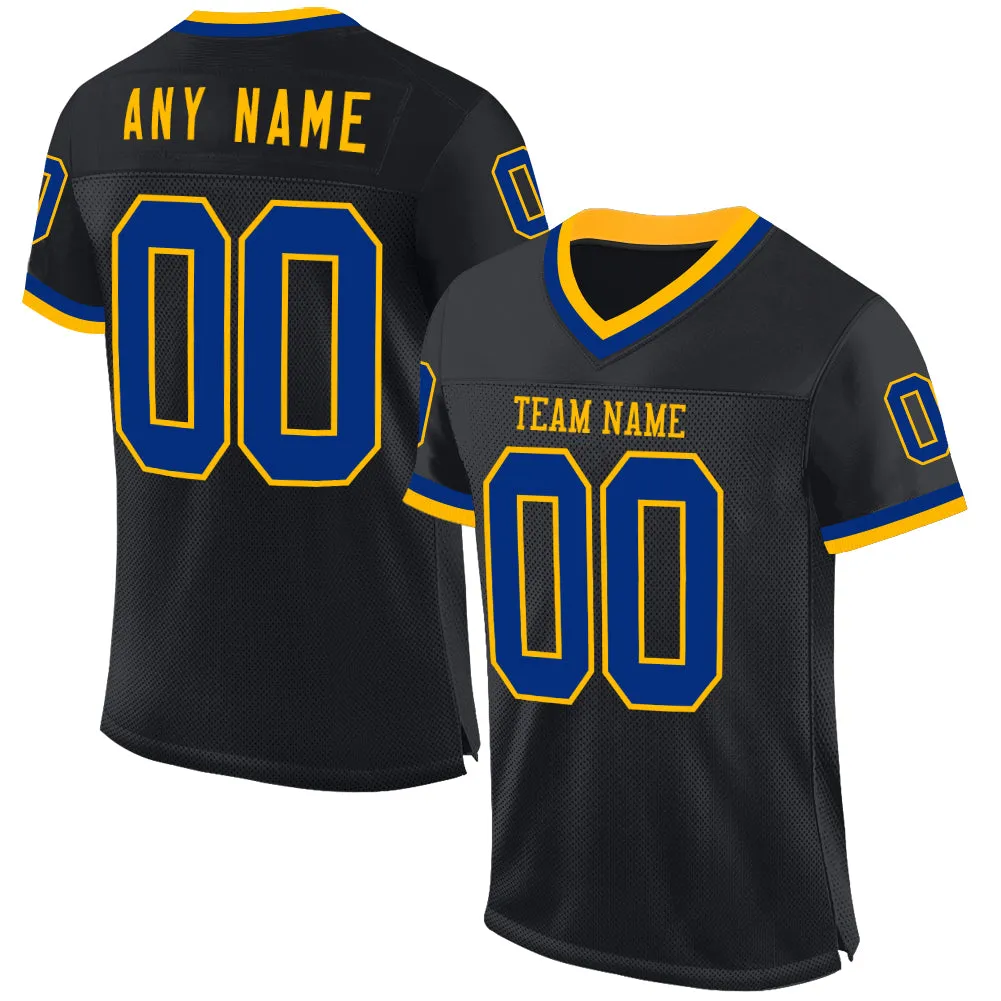 Custom Black Royal-Gold Mesh Authentic Throwback Football Jersey