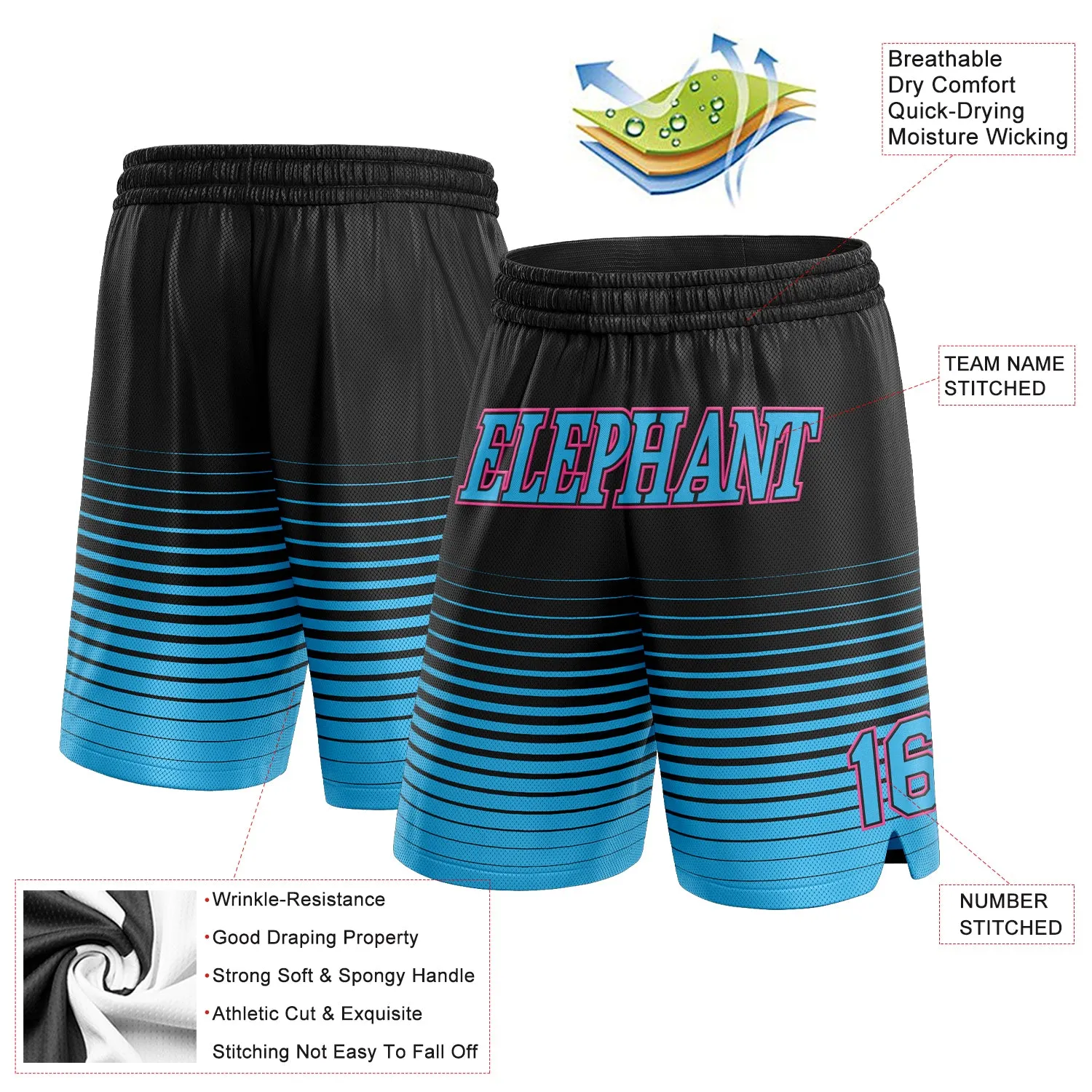 Custom Black Sky Blue-Pink Pinstripe Fade Fashion Authentic Basketball Shorts