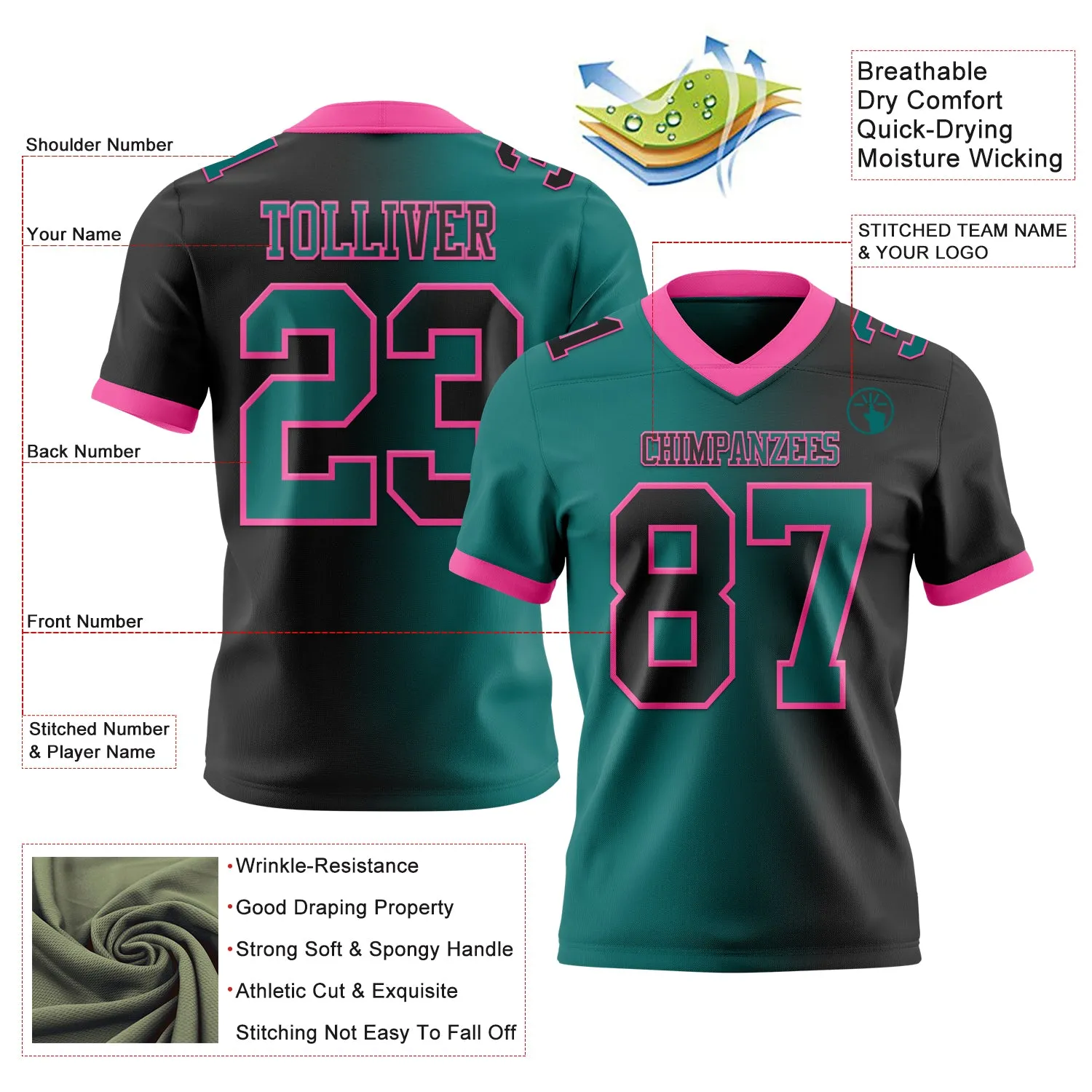 Custom Black Teal-Pink Mesh Authentic Gradient Fashion Football Jersey