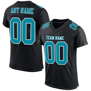 Custom Black Teal-White Mesh Authentic Football Jersey