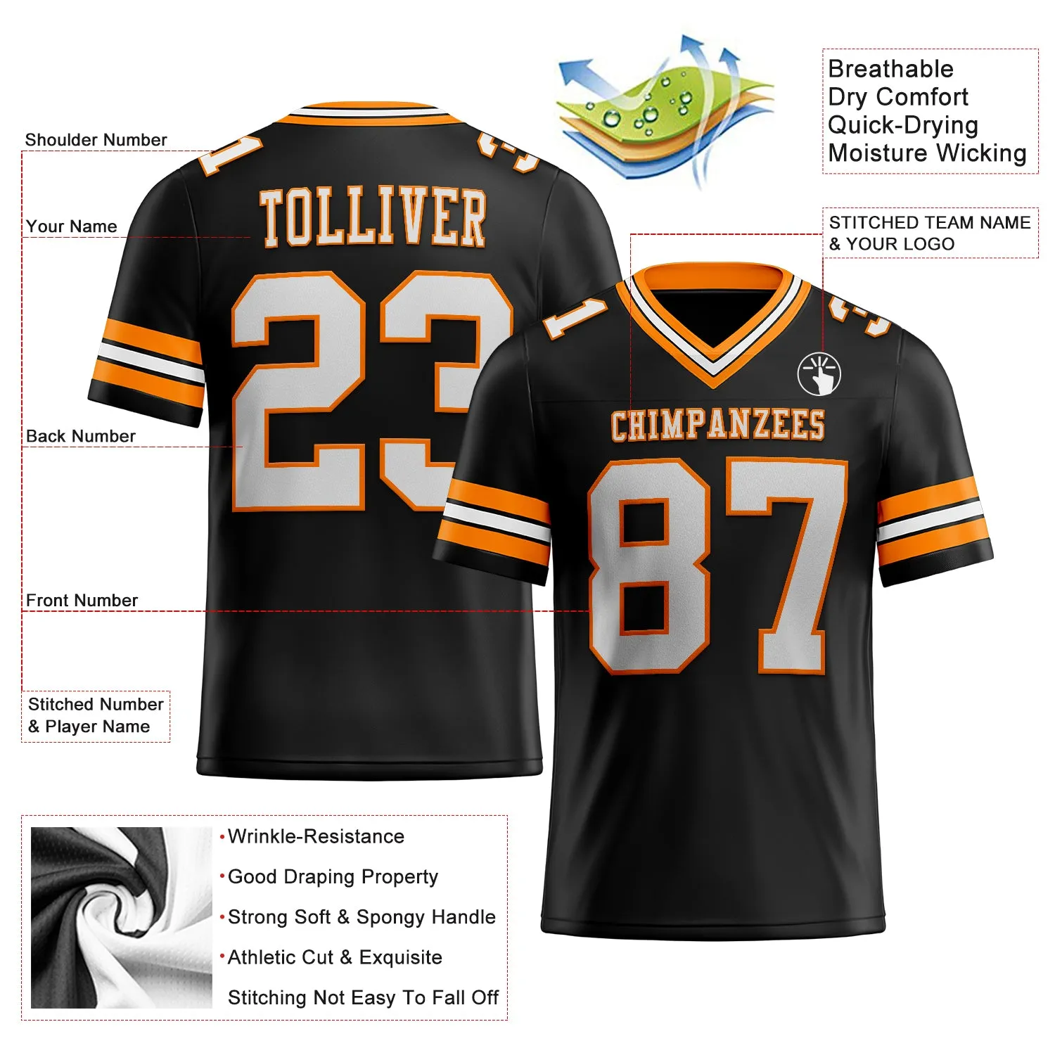 Custom Black White-Bay Orange Mesh Authentic Football Jersey