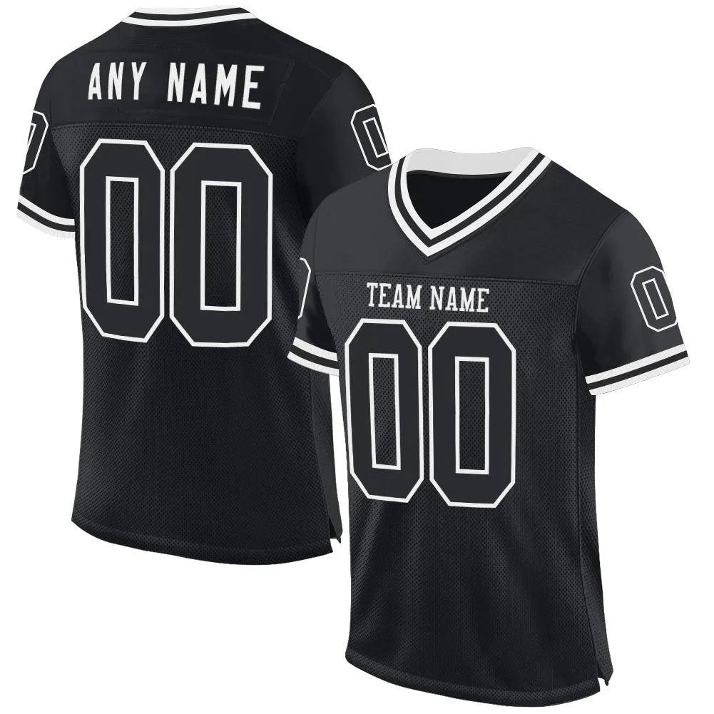 Custom Black White Mesh Authentic Throwback Football Jersey