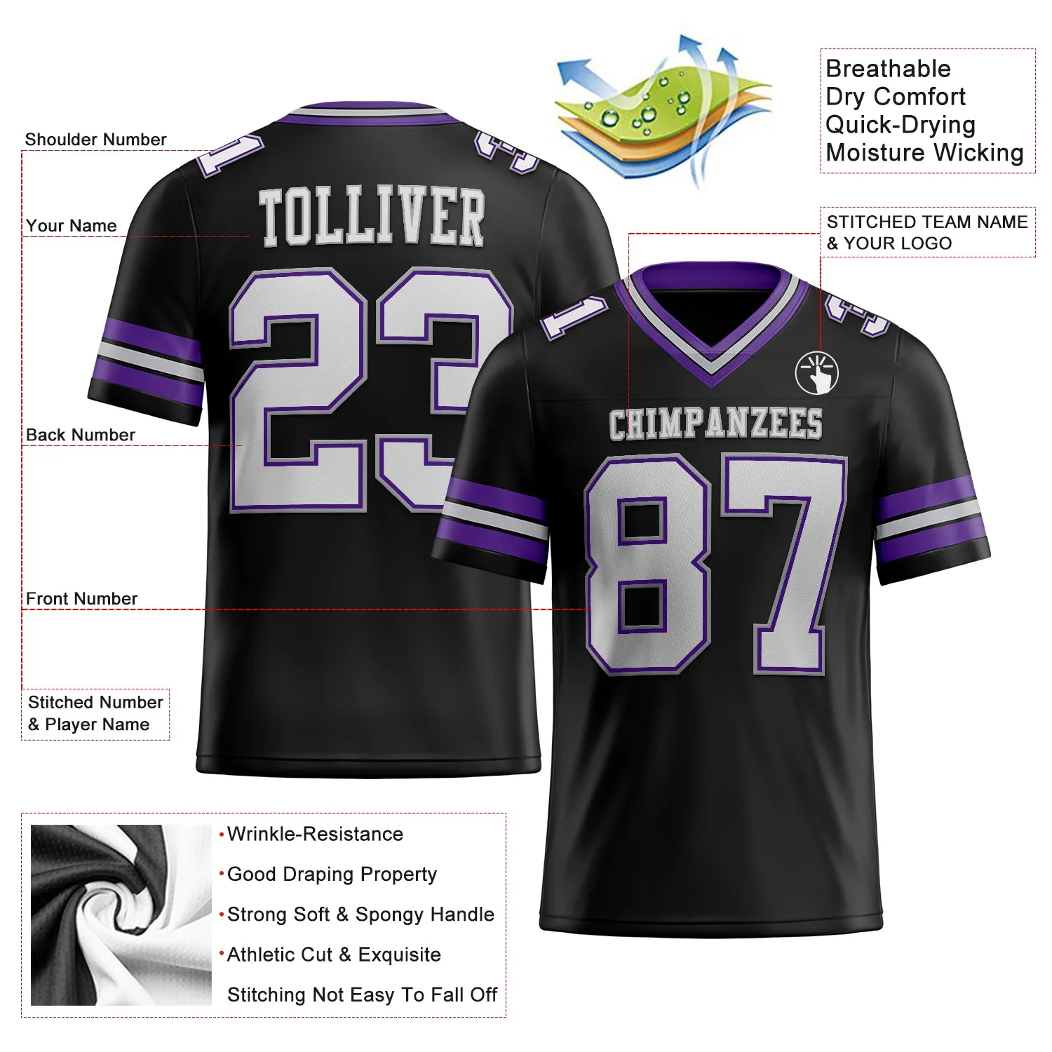 Custom Black White Purple-Gray Mesh Authentic Football Jersey