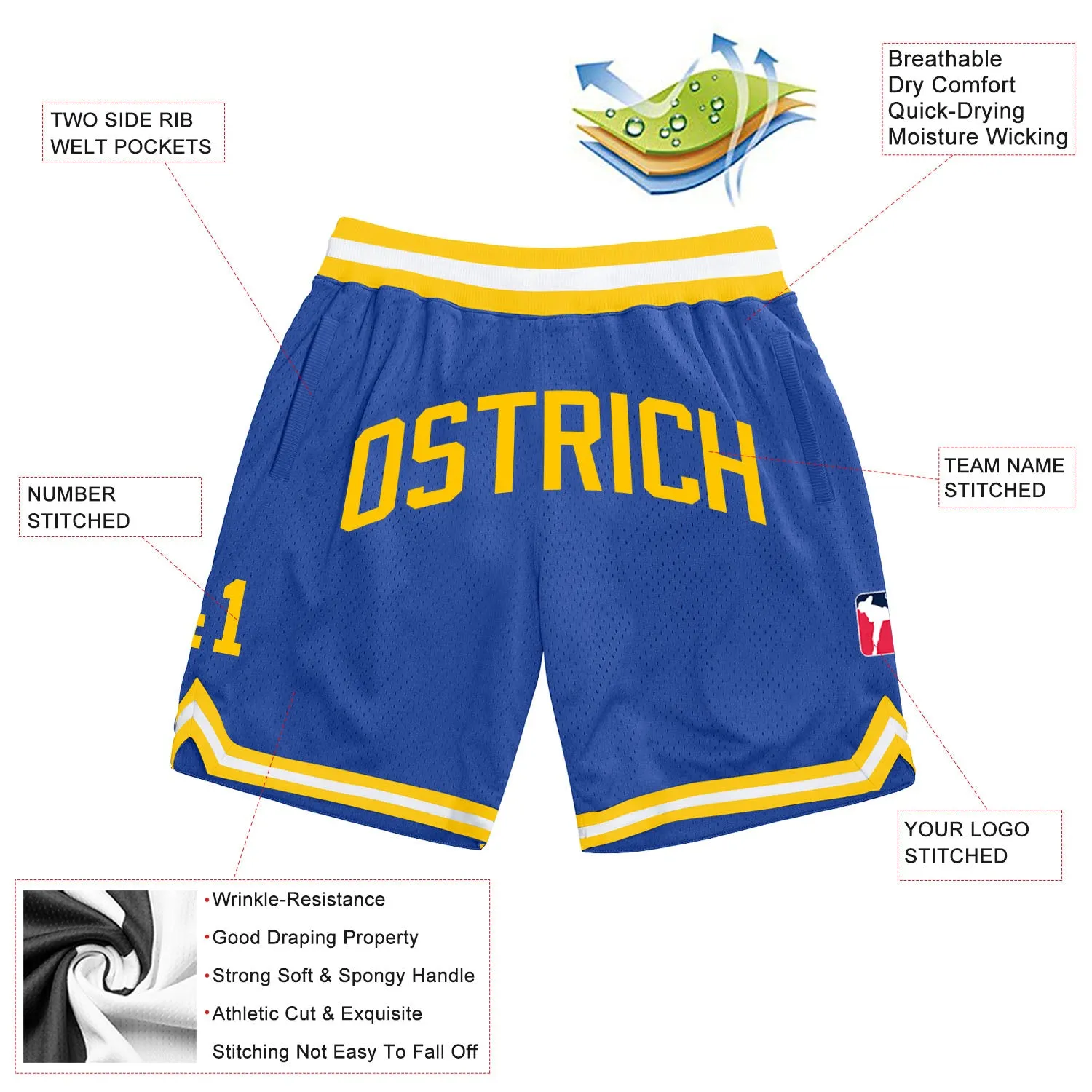 Custom Blue Gold-White Authentic Throwback Basketball Shorts