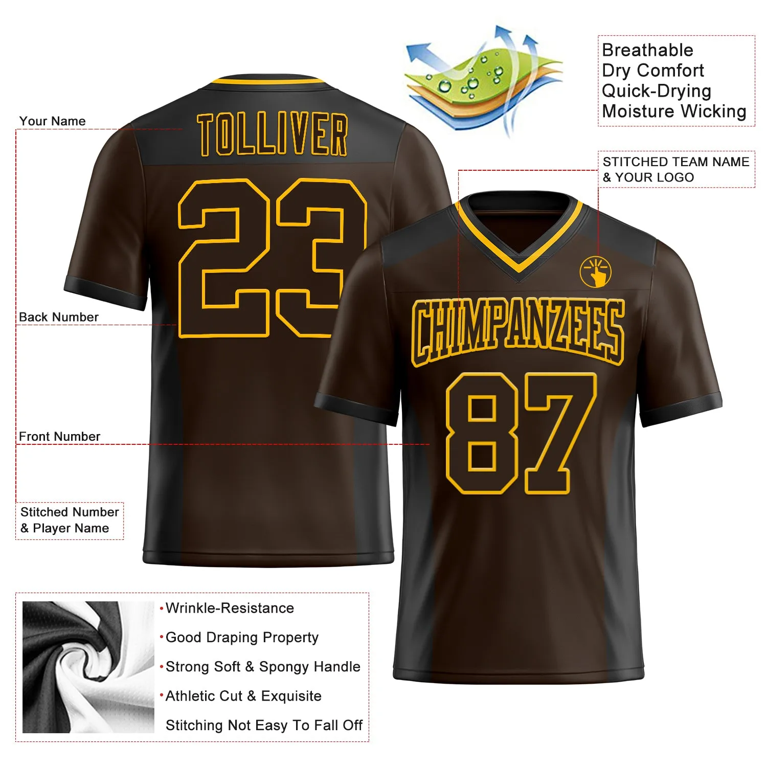 Custom Brown Gold-Black Mesh Authentic Football Jersey