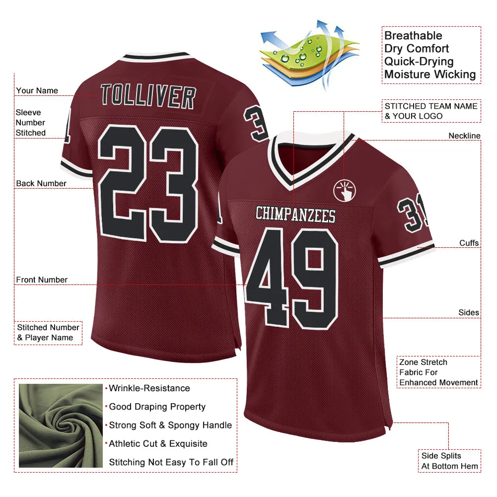 Custom Burgundy Black-White Mesh Authentic Throwback Football Jersey