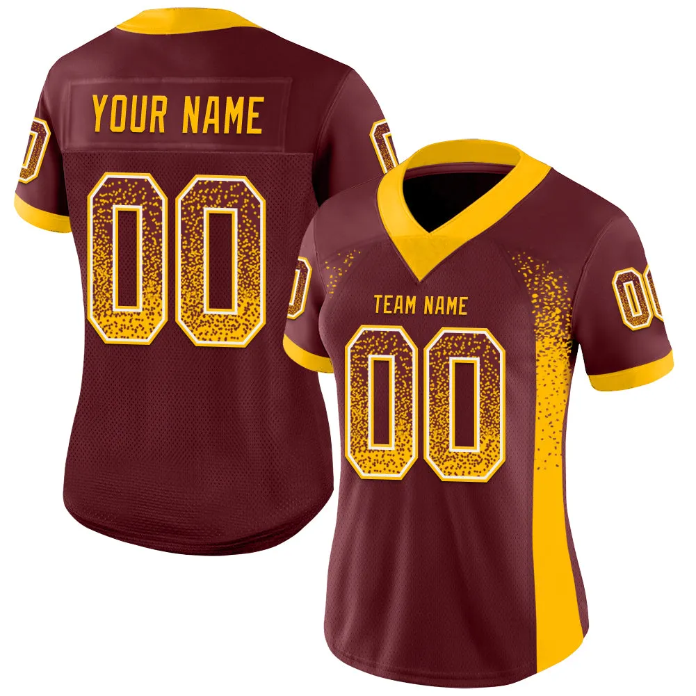 Custom Burgundy Gold-White Mesh Drift Fashion Football Jersey