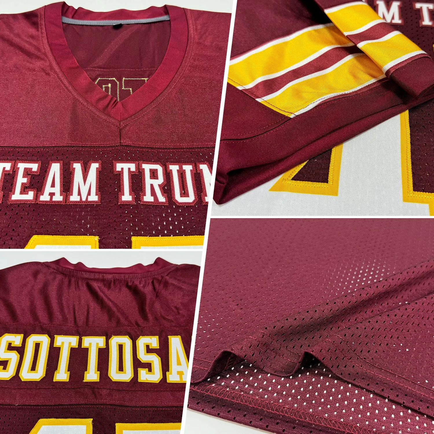 Custom Burgundy White-Gold Mesh Authentic Football Jersey