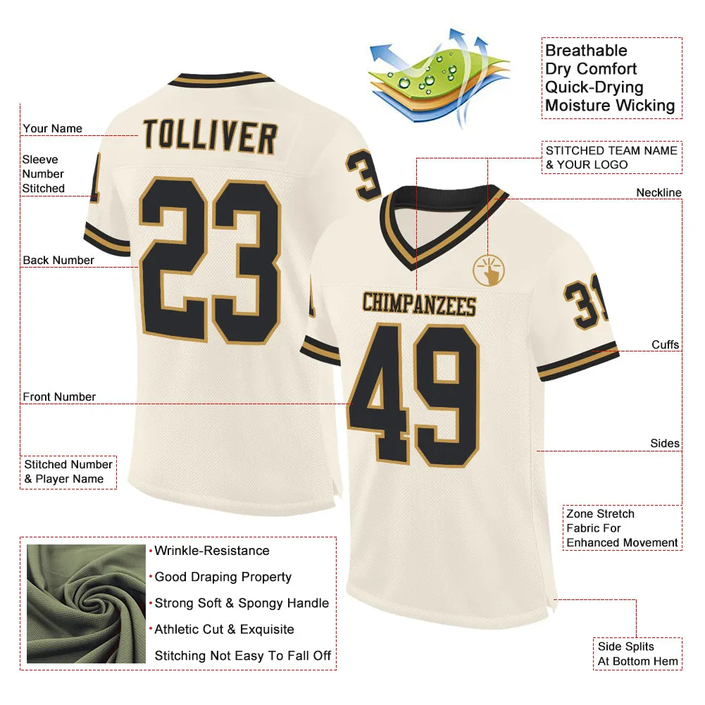 Custom Cream Black-Old Gold Mesh Authentic Throwback Football Jersey