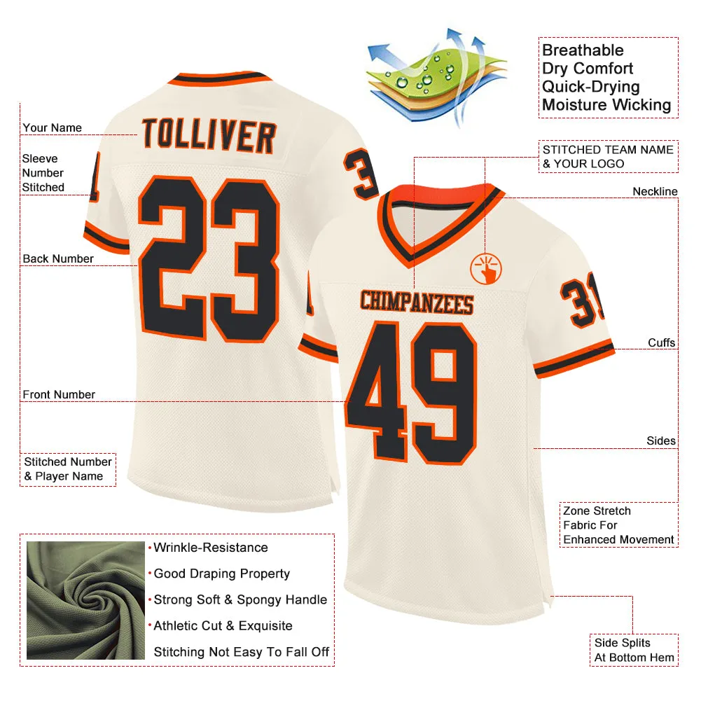 Custom Cream Black-Orange Mesh Authentic Throwback Football Jersey