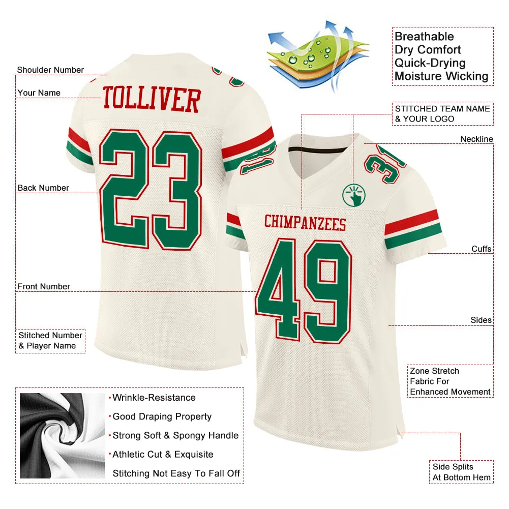 Custom Cream Kelly Green-Red Mesh Authentic Football Jersey