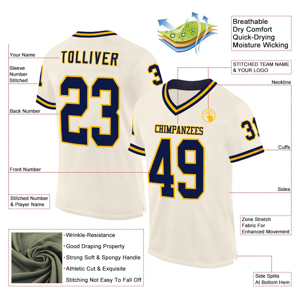 Custom Cream Navy-Gold Mesh Authentic Throwback Football Jersey