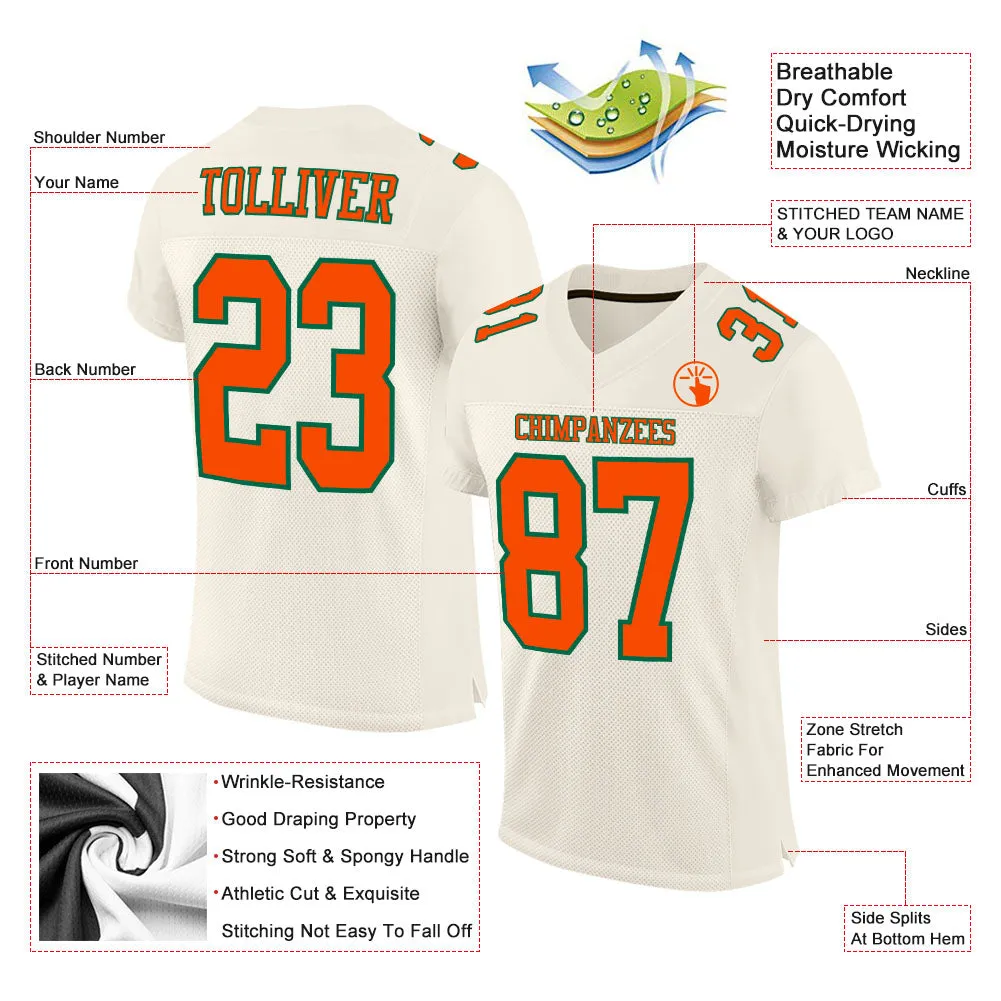 Custom Cream Orange-Kelly Green Mesh Authentic Football Jersey