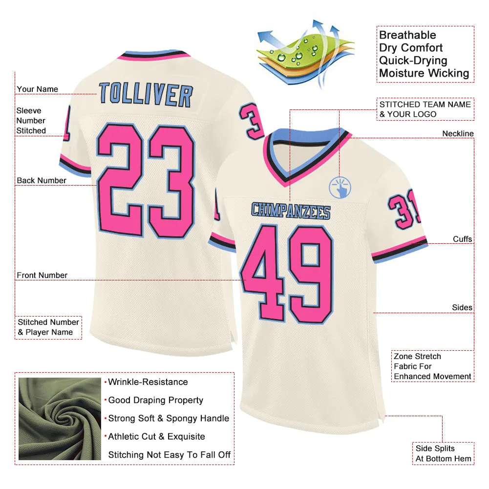 Custom Cream Pink Black-Light Blue Mesh Authentic Throwback Football Jersey