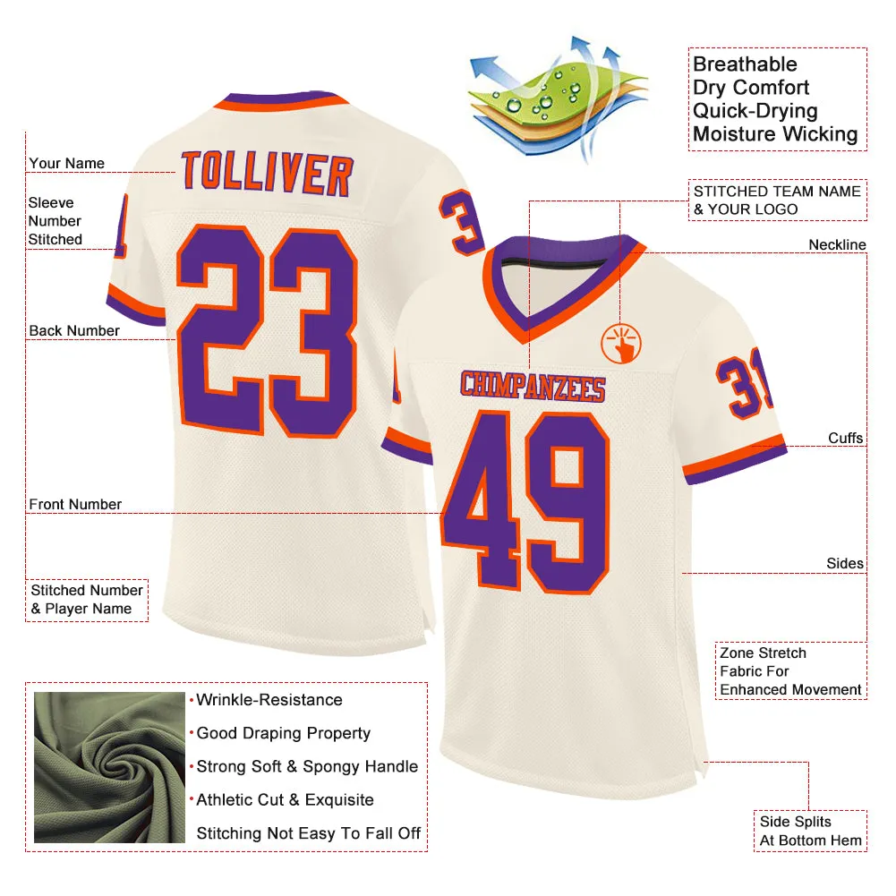 Custom Cream Purple-Orange Mesh Authentic Throwback Football Jersey