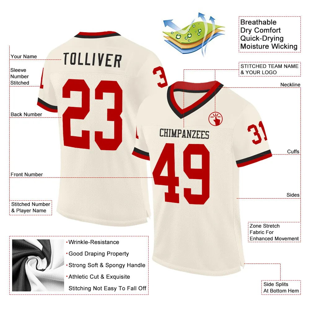 Custom Cream Red-Black Mesh Authentic Throwback Football Jersey