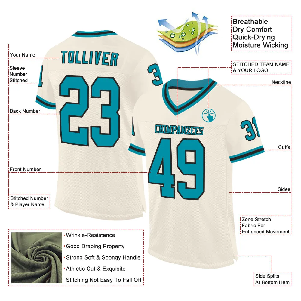 Custom Cream Teal-Black Mesh Authentic Throwback Football Jersey