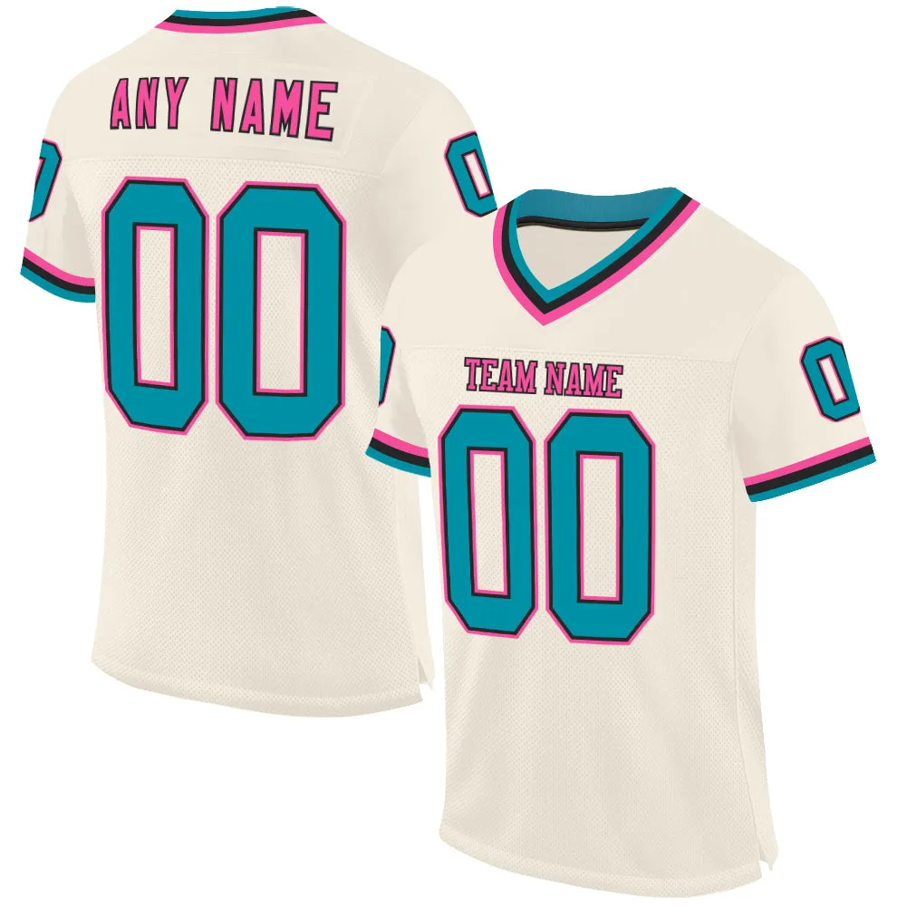 Custom Cream Teal Black-Pink Mesh Authentic Throwback Football Jersey