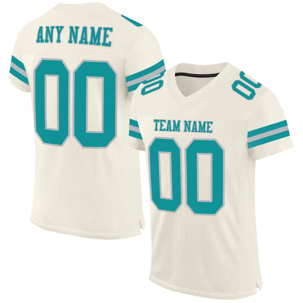 Custom Cream Teal-Gray Mesh Authentic Football Jersey