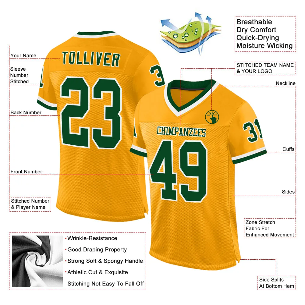 Custom Gold Green-White Mesh Authentic Throwback Football Jersey